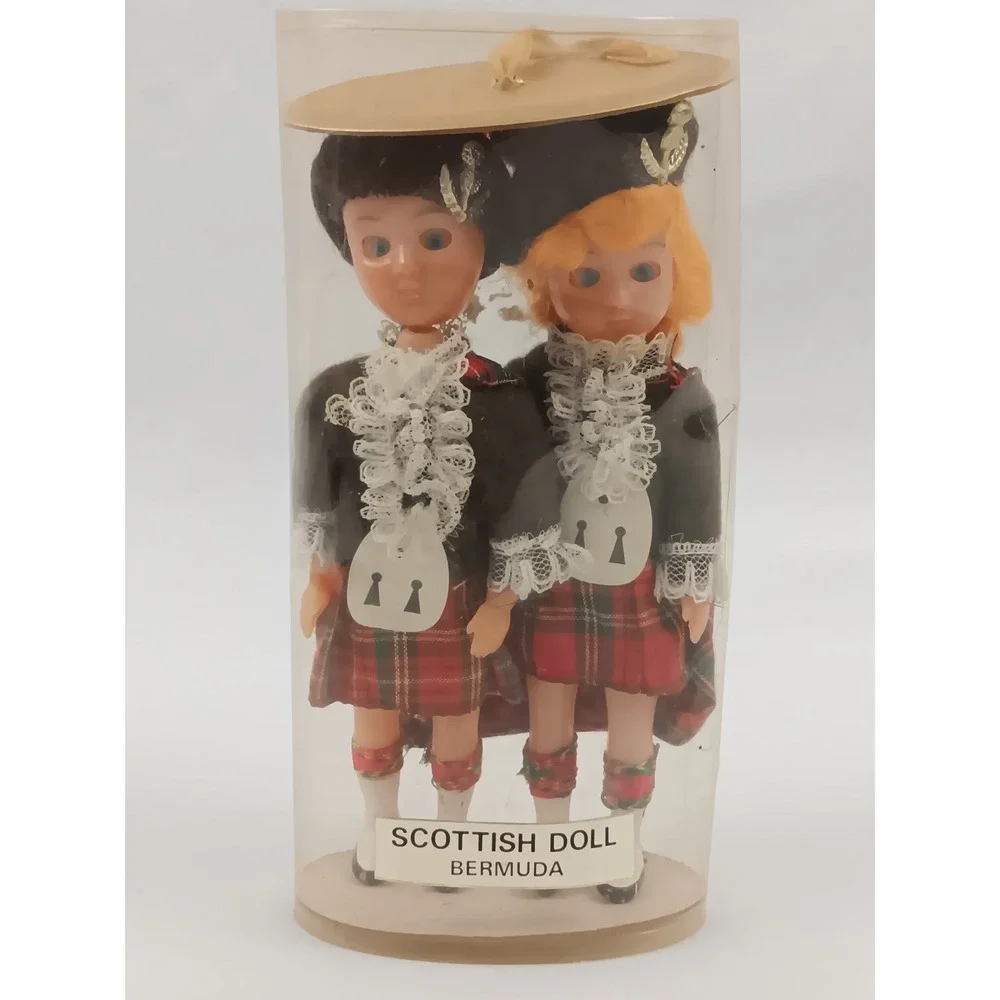 Vintage Scottish Dolls Bermuda‎ in Cylindrical Case Traditional Collectible Pair